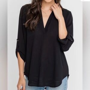 Lush Black Blouse with Rolled Sleeves